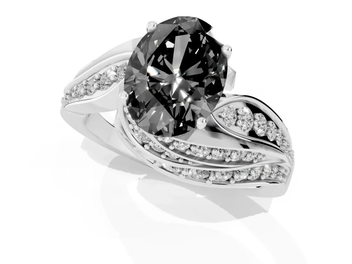 Fancy Black Oval Cut Diamond Solitaire Ring with Prong Setting and Twisted Pavé Band Silver