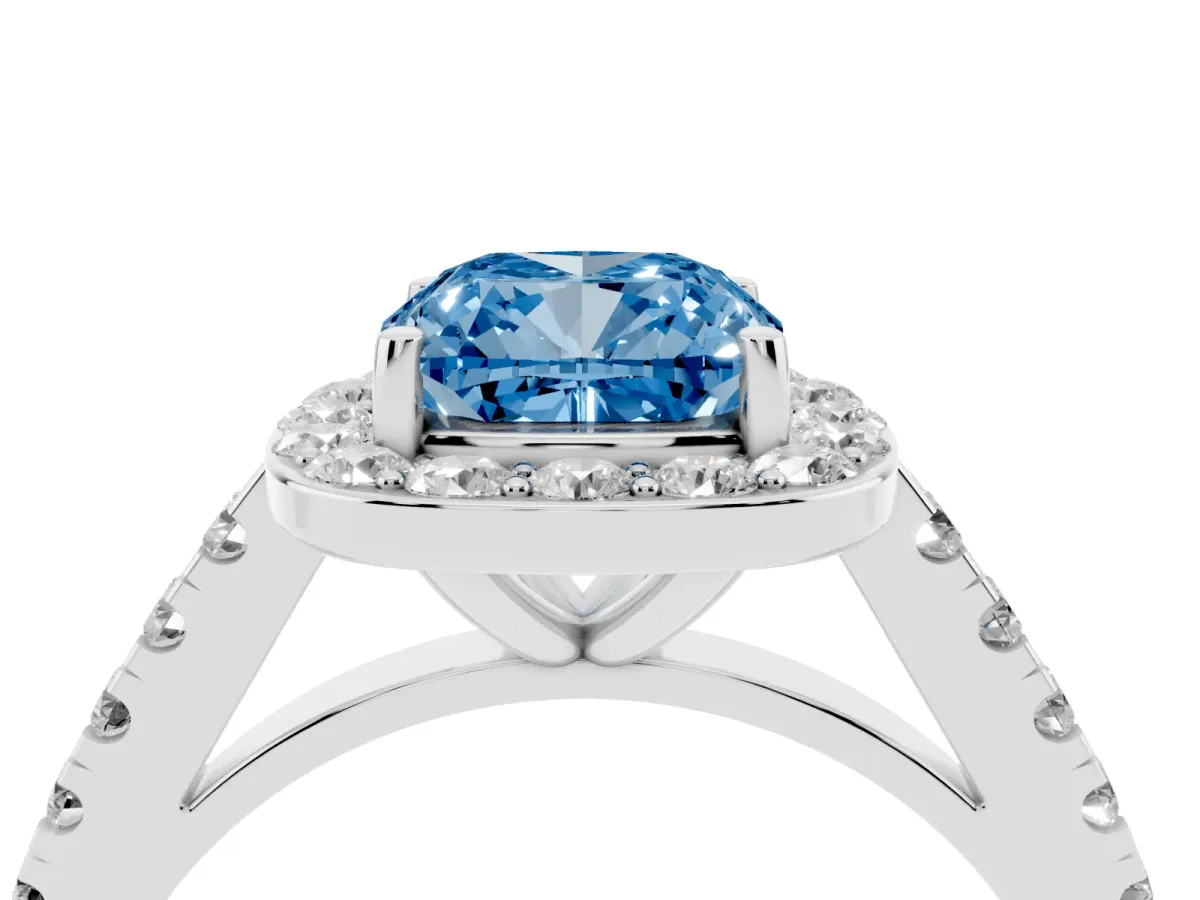 Fancy Blue Cushion Cut Diamond Halo Ring with Round Pavé Split Shank and Prong Setting Silver