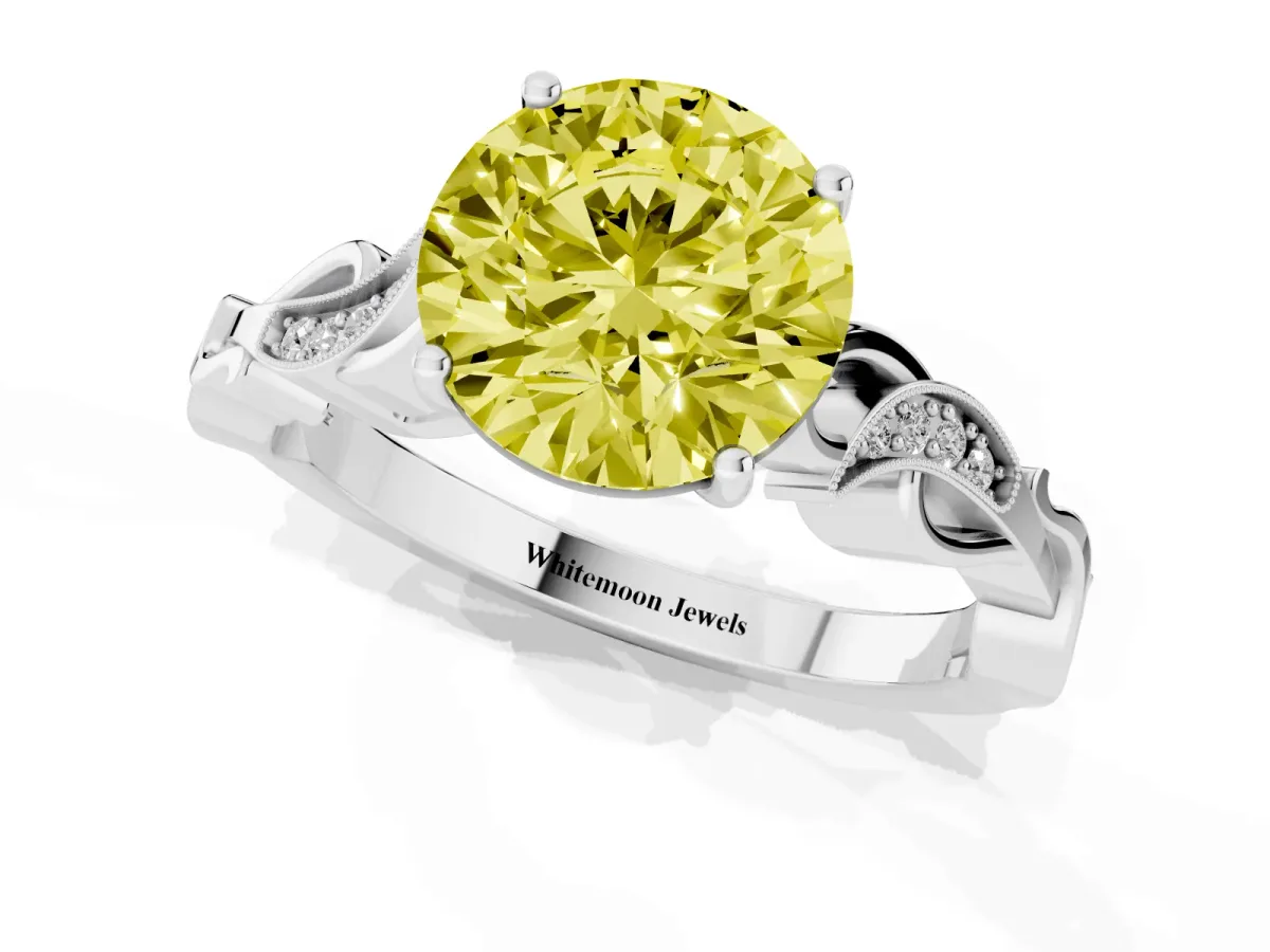 Fancy Yellow Round Cut Solitaire Vine Band with Milgrain Prong Setting Silver