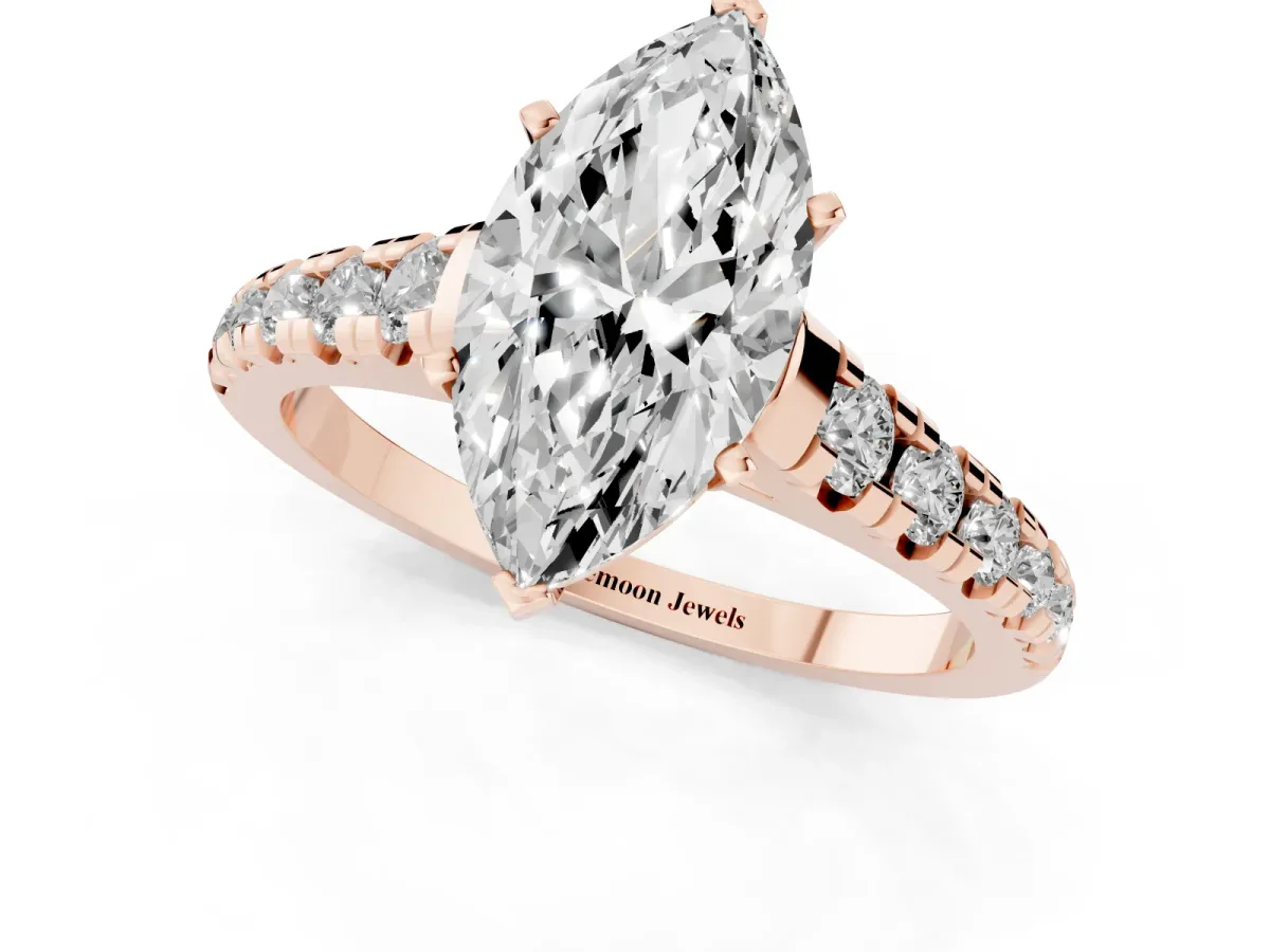 Marquise Cut Diamond Cathedral Solitaire Ring with Round Pavé Band Rose gold