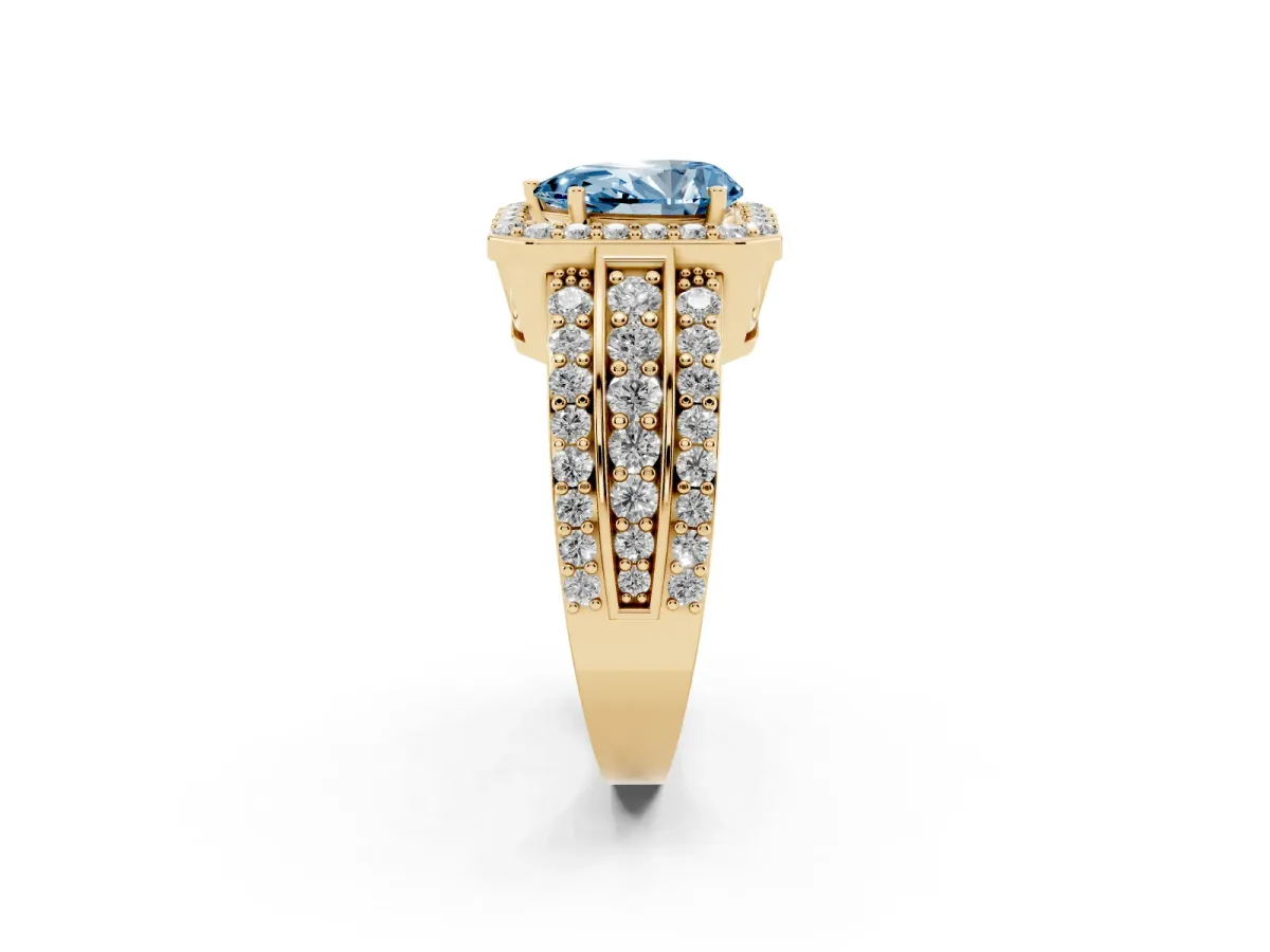 Fancy Blue Pear Cut Halo Diamond Ring with Round Split Shank and Prong Setting Yellow gold