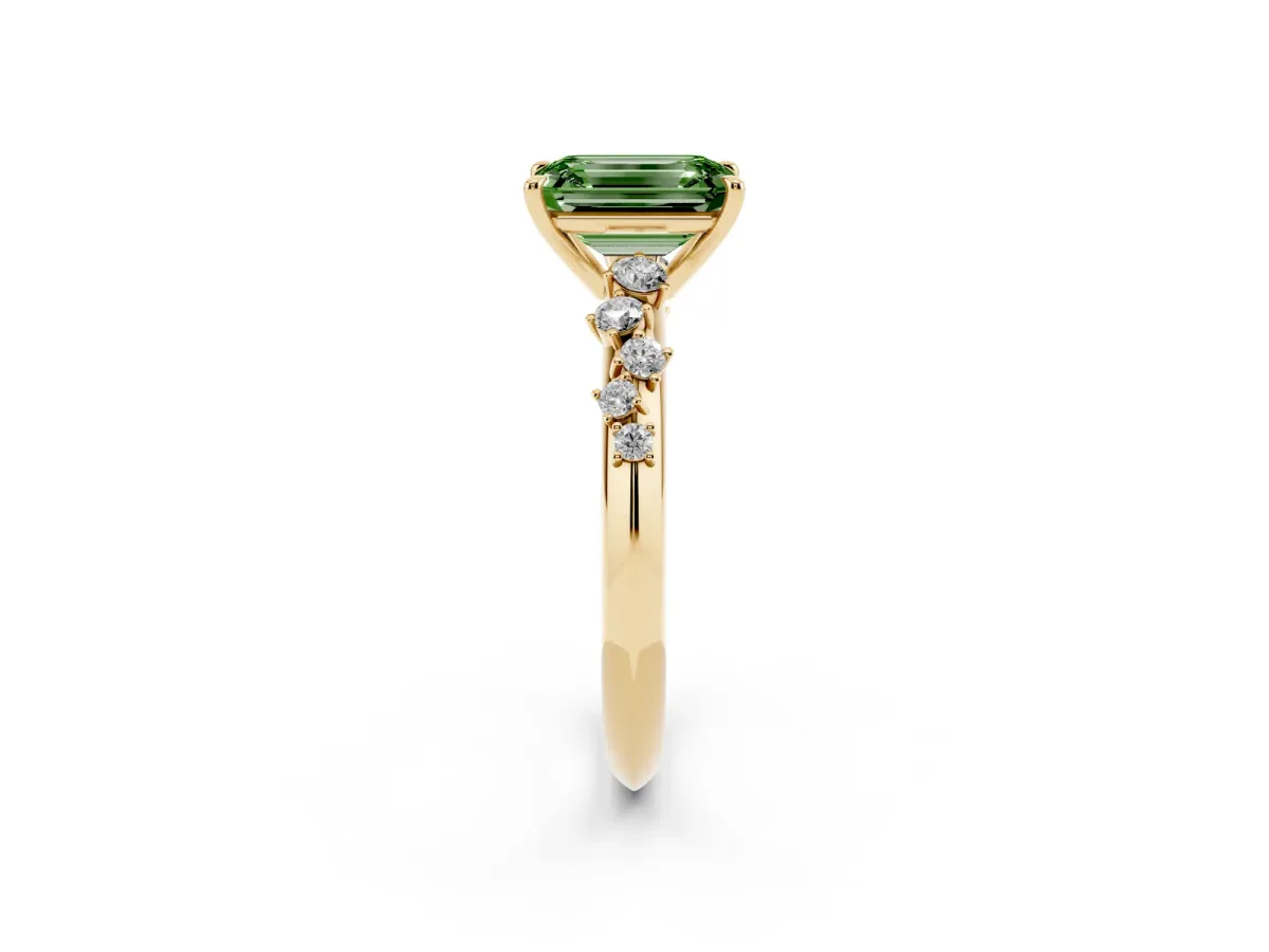 Fancy Green Emerald Cut Diamond Cluster Side Stone Solitaire Ring with Prong Setting Yellow gold