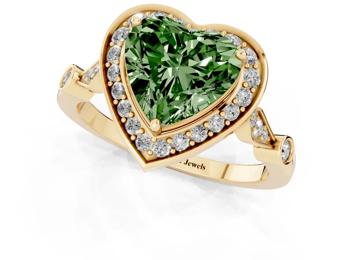 Fancy Green Heart Cut Halo Diamond Engagement Ring with Twisted Band and Four-Prong Setting Yellow gold