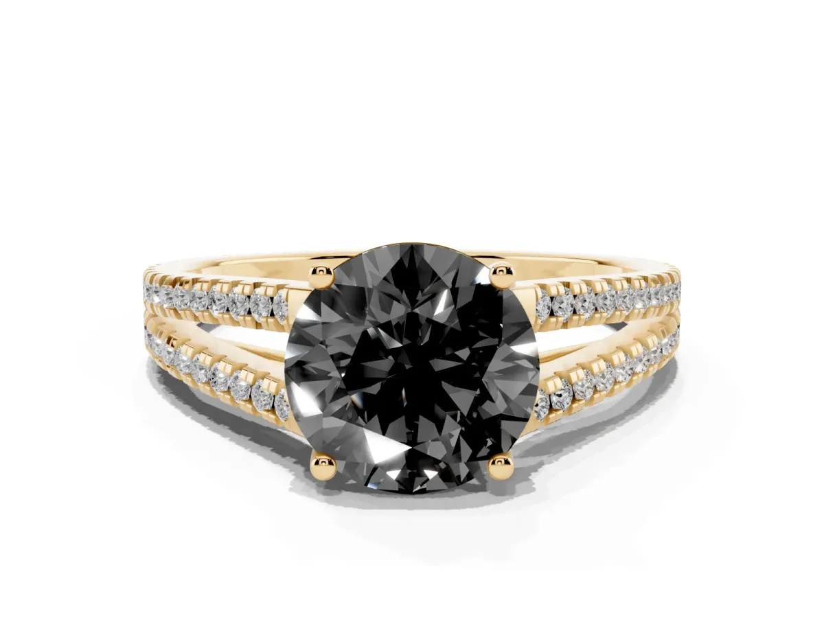 Fancy Black Round Cut Diamond Solitaire Engagement Ring with Split Shank Pavé Band Yellow gold