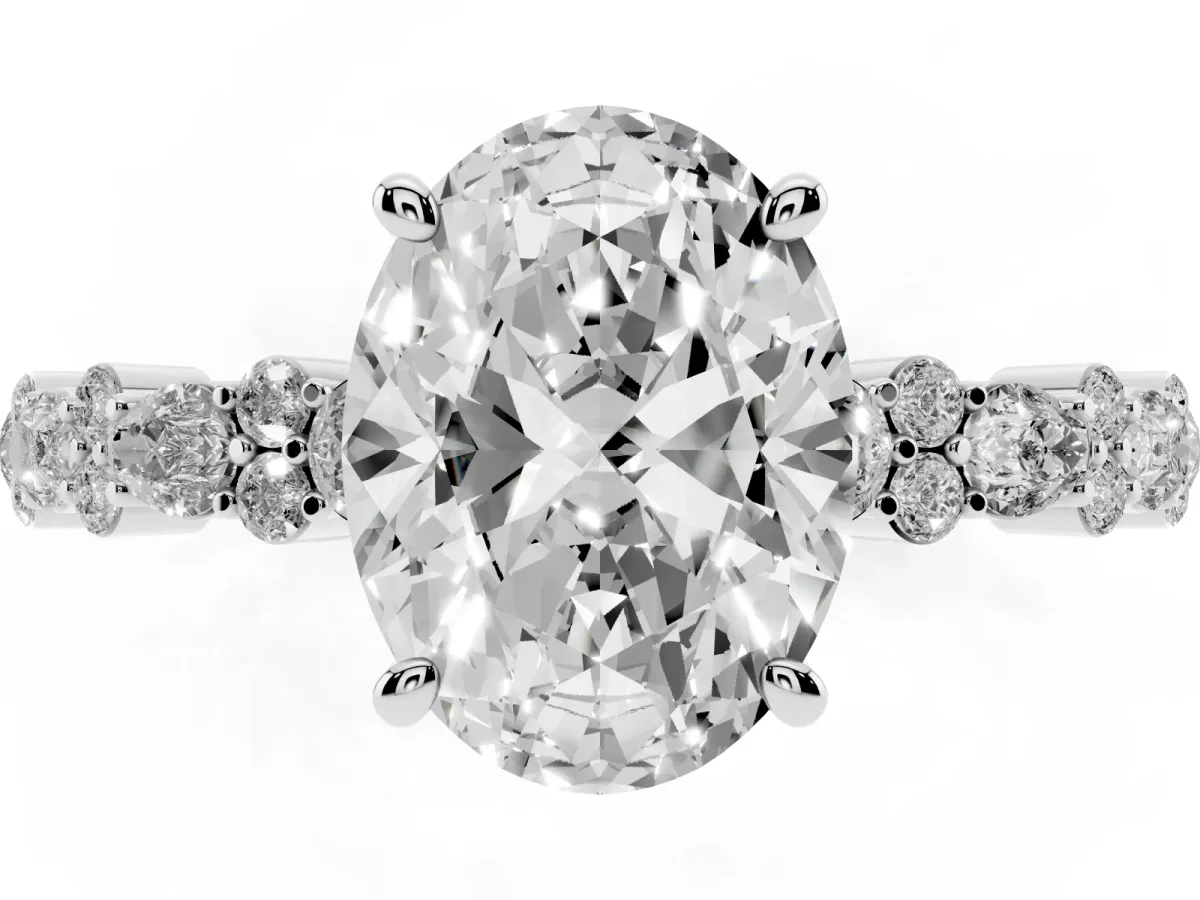 Oval Cut Diamond Side Stone Solitaire Ring with Round and Four-Prong Setting Silver