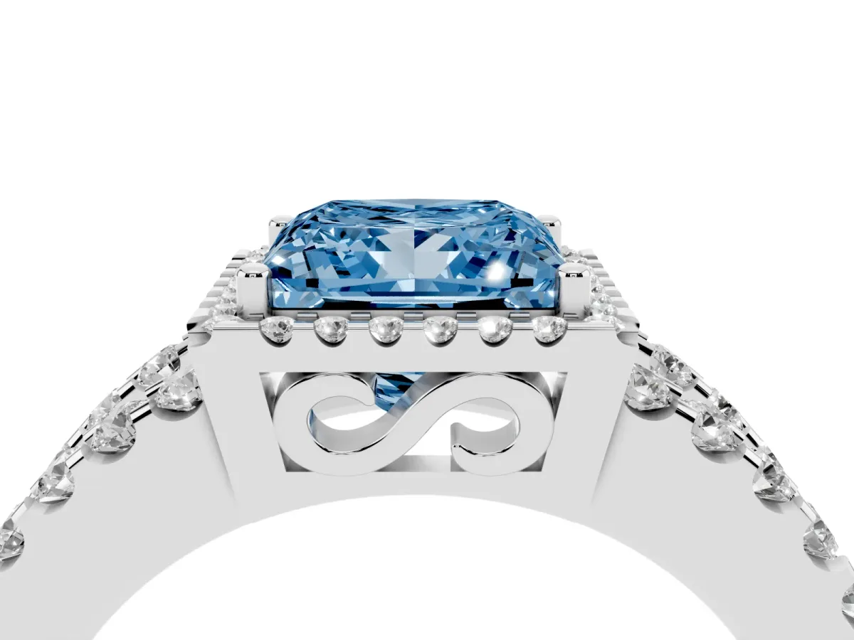 Fancy Blue Princess Cut Cut Halo Split Shank Diamond Ring with Four-Prong Setting Silver
