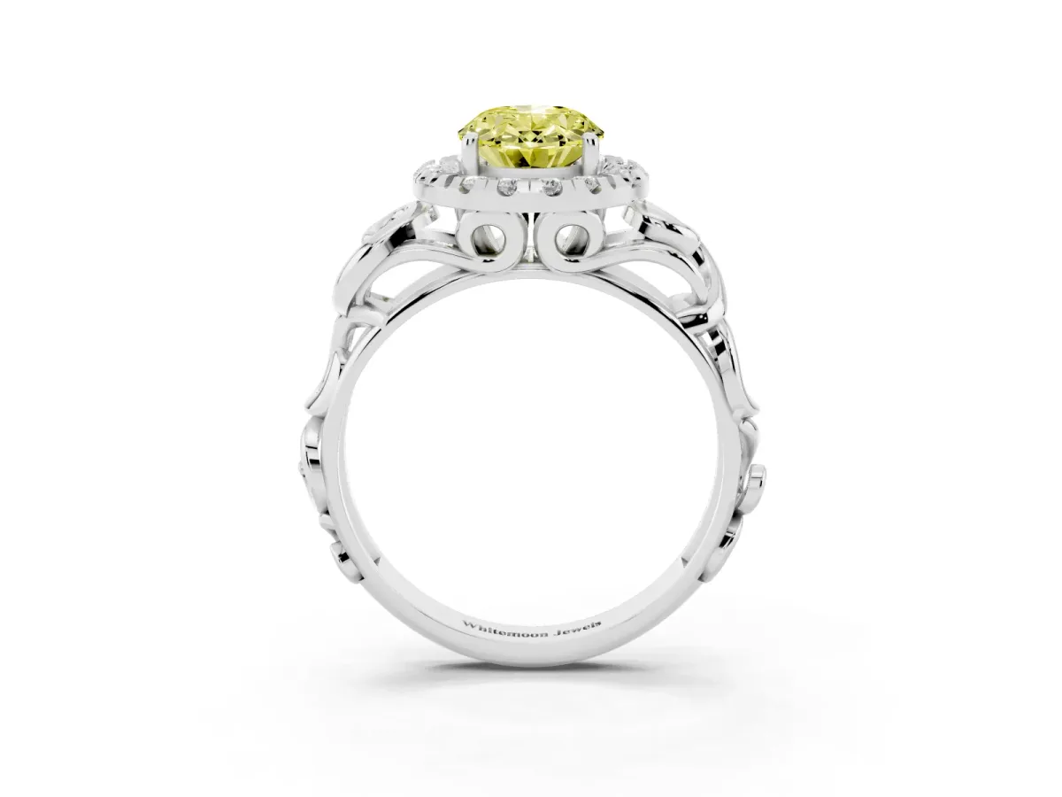 Fancy Yellow Oval Cut Cut Halo Diamond Ring with Scrollwork Band and Four-Prong Setting Silver