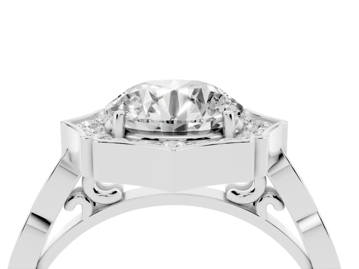 Round Cut Halo Diamond Engagement Ring with Milgrain Band and Four-Prong Setting Silver