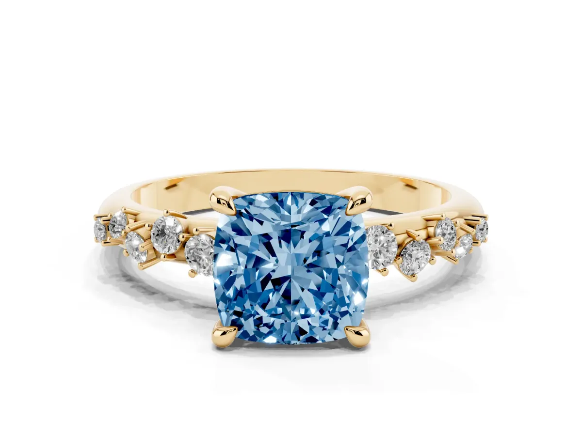 Fancy Blue Cushion Cut Cut Diamond Vine Band with Four-Prong Setting Yellow gold