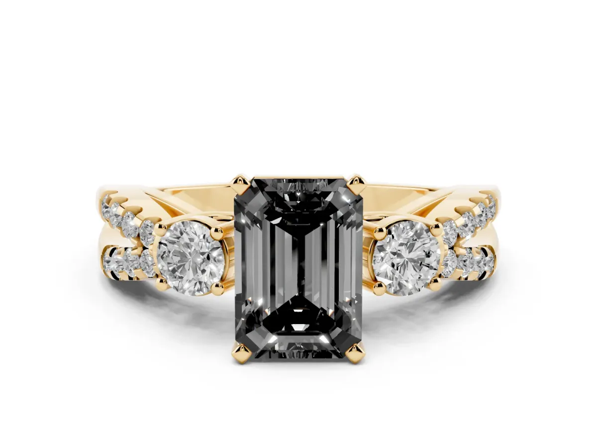 Fancy Black Emerald Cut Diamond Three-Stone Ring with Pavé Split Shank and Four-Prong Setting Yellow gold
