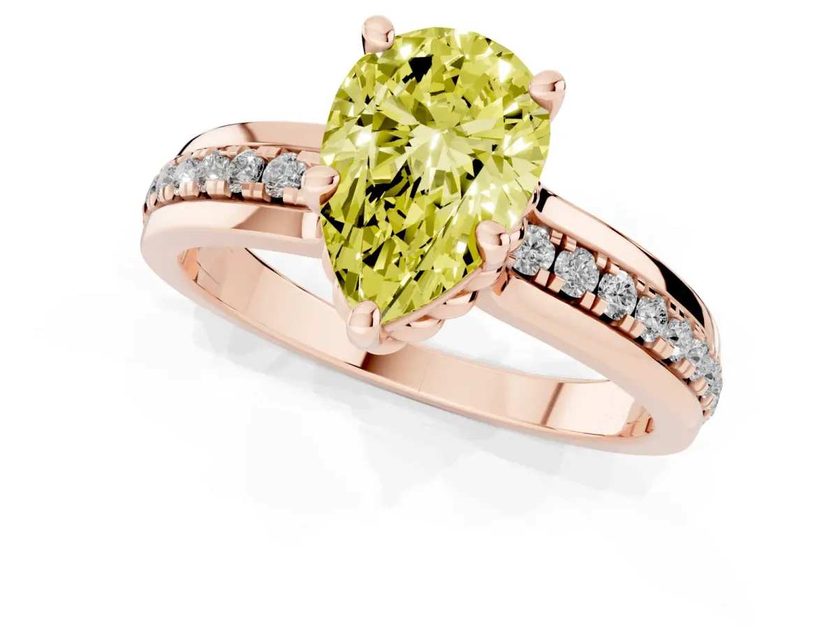Fancy Yellow Pear Cut Solitaire Diamond Ring with Channel Set Band and Six-Prong Setting Rose gold