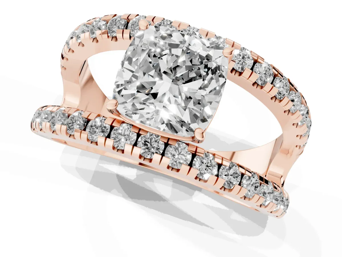 Cushion Cut Solitaire Split Shank Pave Diamond Ring Rose gold