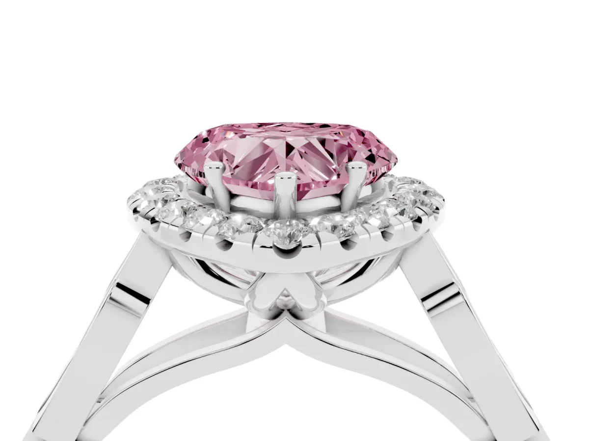 Fancy Pink Heart Cut Halo Diamond Engagement Ring with Filigree Band and Four-Prong Setting Platinum