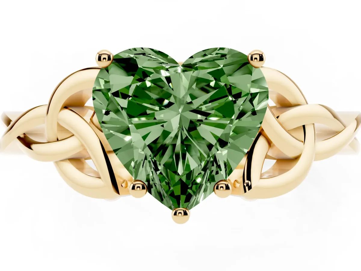 Fancy Green Heart Cut Diamond Solitaire Engagement Ring with Celtic Knot Band and Four-Prong Setting Yellow gold