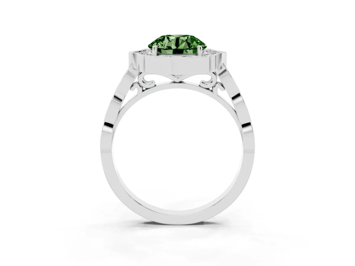 Fancy Green Round Cut Halo Diamond Engagement Ring with Milgrain Band and Four-Prong Setting Silver