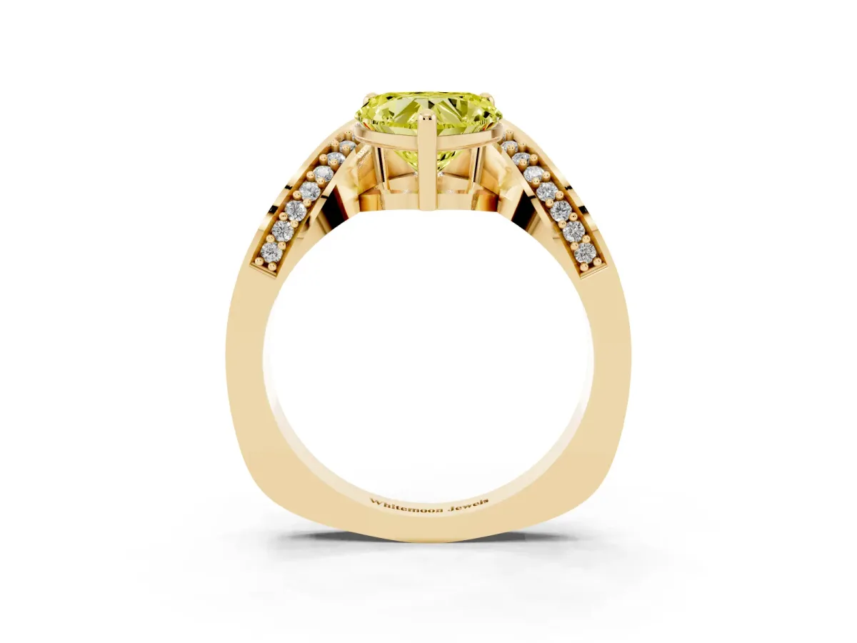 Fancy Yellow Heart Cut Solitaire Diamond Engagement Ring with Pave Band and Four-Prong Setting Yellow gold