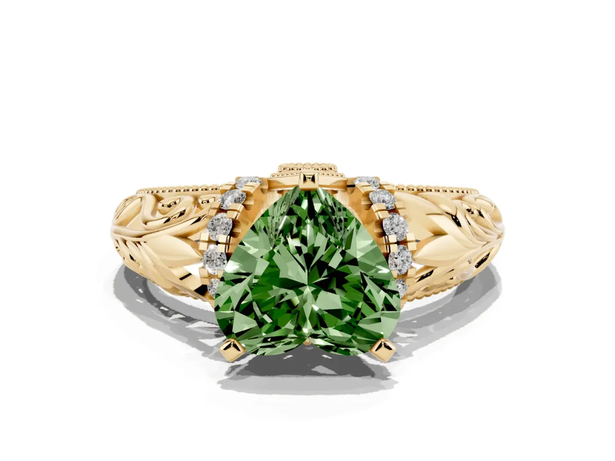 Fancy Green Heart Cut Solitaire Filigree Engagement Ring with Halo and Prong Setting Yellow gold