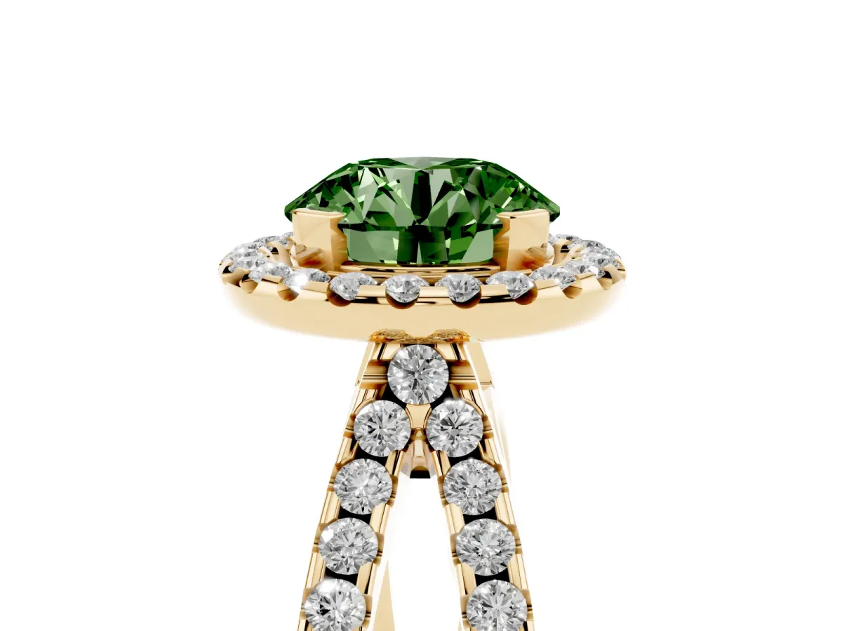 Fancy Green Round Cut Diamond Halo Ring with Split Shank Pavé Band and Prong Setting Yellow gold