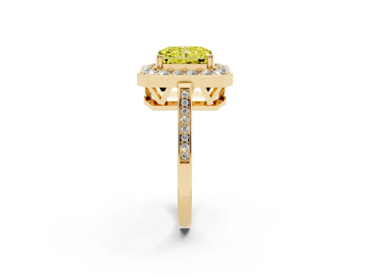Fancy Yellow Radiant Cut Diamond Halo Ring with Split Shank and Four-Prong Setting Yellow gold