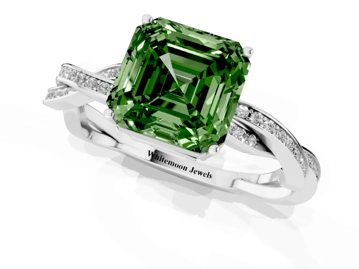 Fancy Green Asscher Cut Solitaire Twisted Pave Diamond Ring with Four-Prong Setting Silver