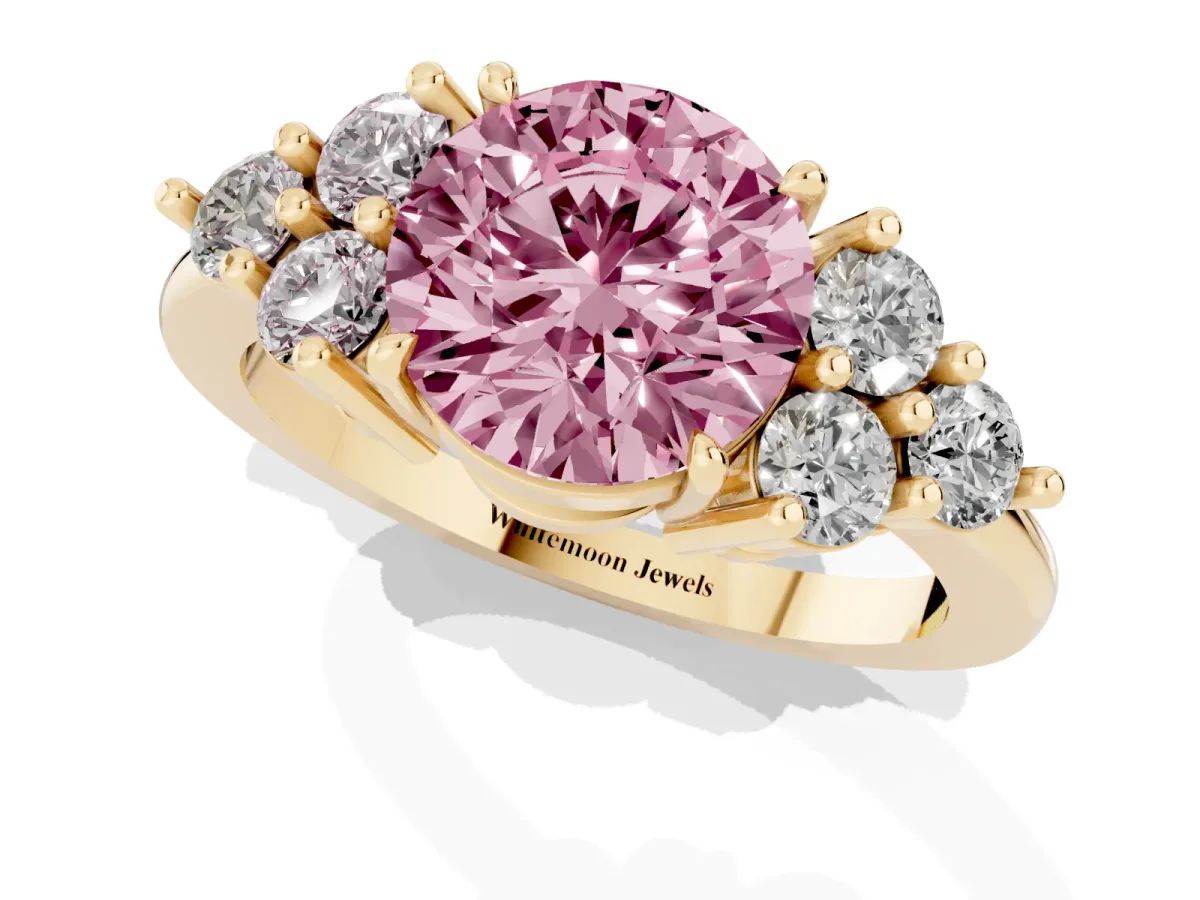 Fancy Pink Round Cut Brilliant Diamond Cluster Accent Solitaire Ring with Prong Setting Yellow gold
