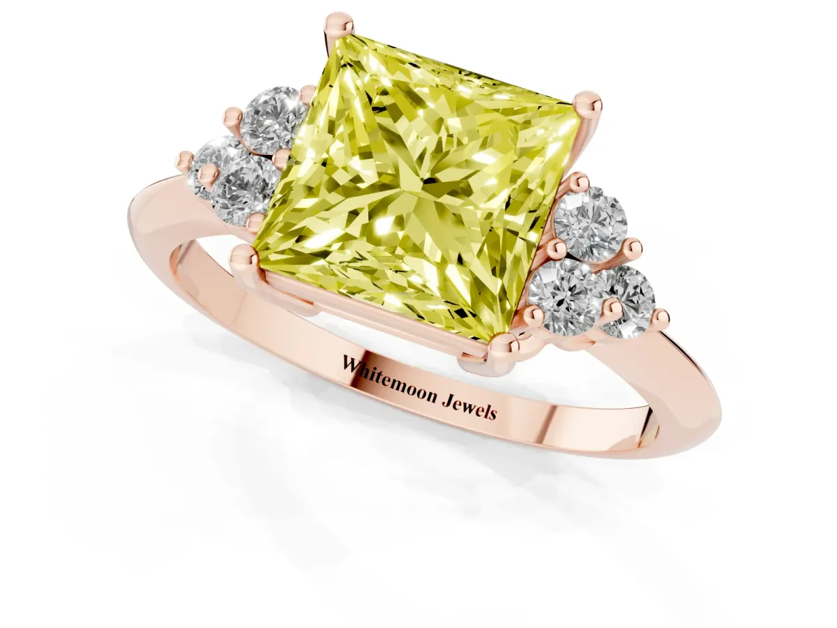 Fancy Yellow Princess Cut Cut Diamond Cluster Ring with Solitaire Band and Four-Prong Setting Rose gold