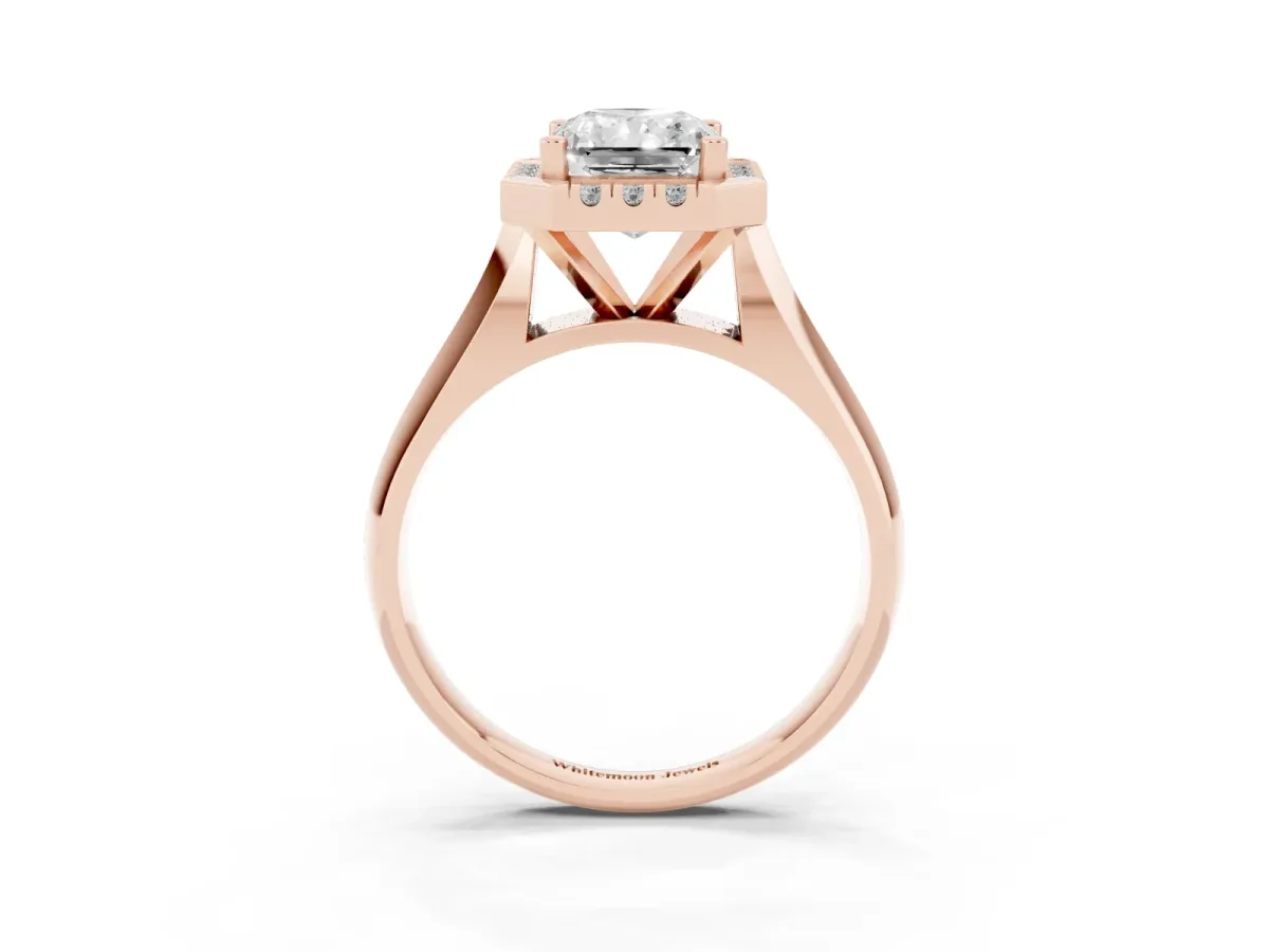 Radiant Cut Cut Halo Solitaire Engagement Ring with Square Band and Four-Prong Setting Rose gold