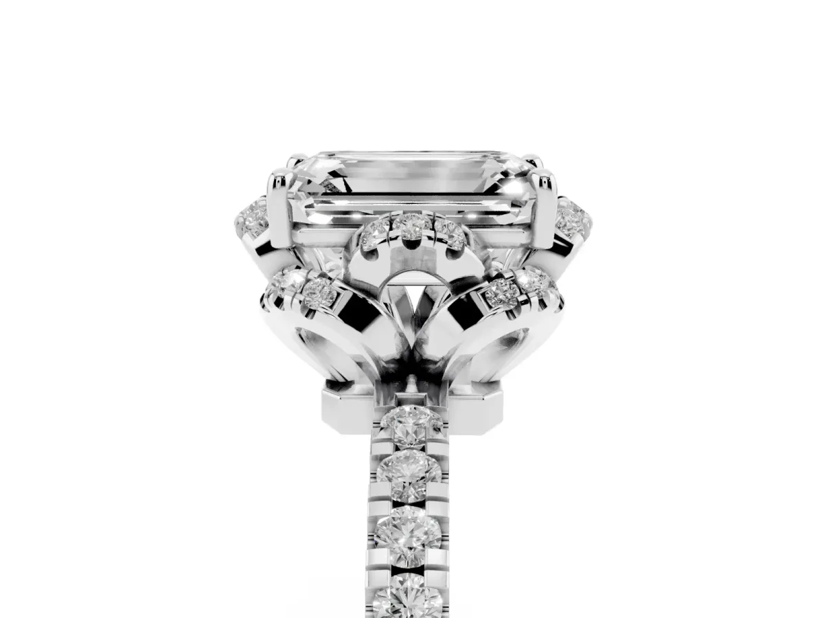 Emerald Cut Halo Diamond Pave Band Ring with Four-Prong Setting Platinum