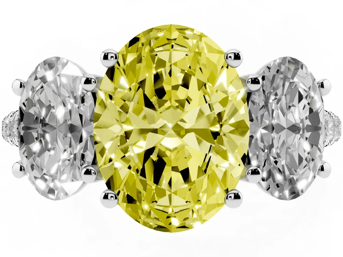 Fancy Yellow Three-Stone Oval Cut Diamond Ring with Round Pavé Band and Prong Setting Silver