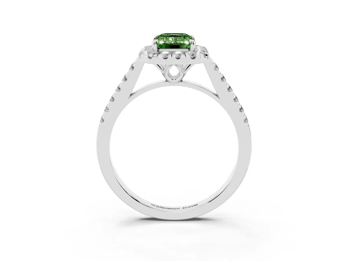 Fancy Green Emerald Cut Halo Pavé Diamond Engagement Ring with Four-Prong Setting Silver