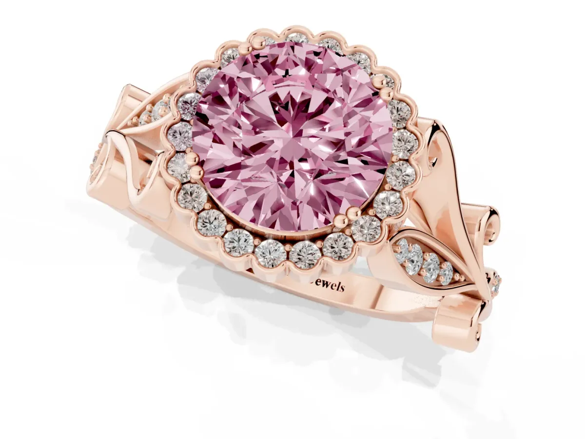 Fancy Pink Round Cut Diamond Halo Ring with Vintage Split Shank and Four-Prong Setting Rose gold