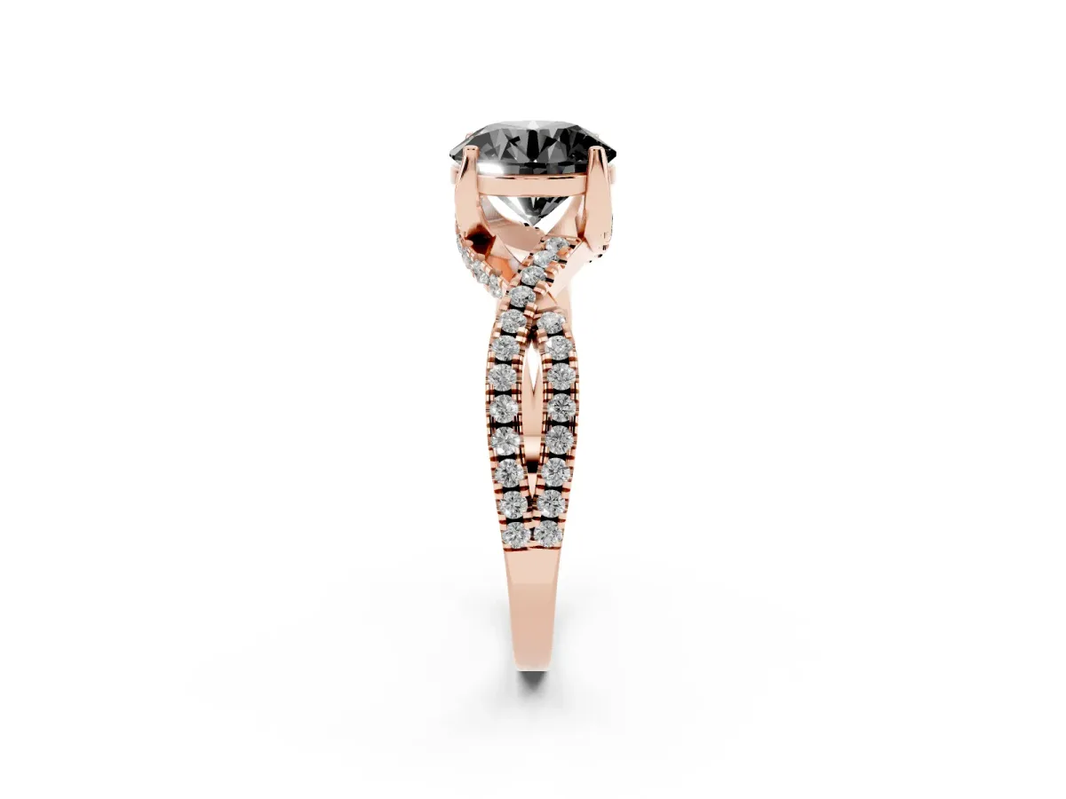 Fancy Black Round Cut Solitaire Twist Pave Diamond Engagement Ring with Prong Setting Rose gold
