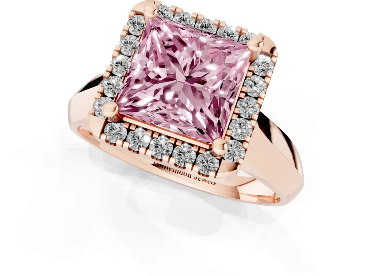 Fancy Pink Princess Cut Cut Halo Solitaire Engagement Ring with Square Band and Four-Prong Setting Rose gold