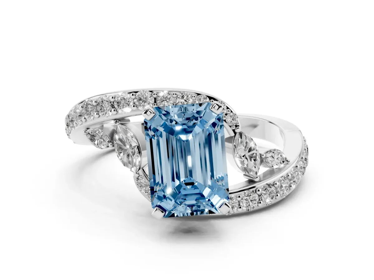 Fancy Blue Emerald Cut Solitaire with Pavé Twist Band and Four-Prong Setting Silver