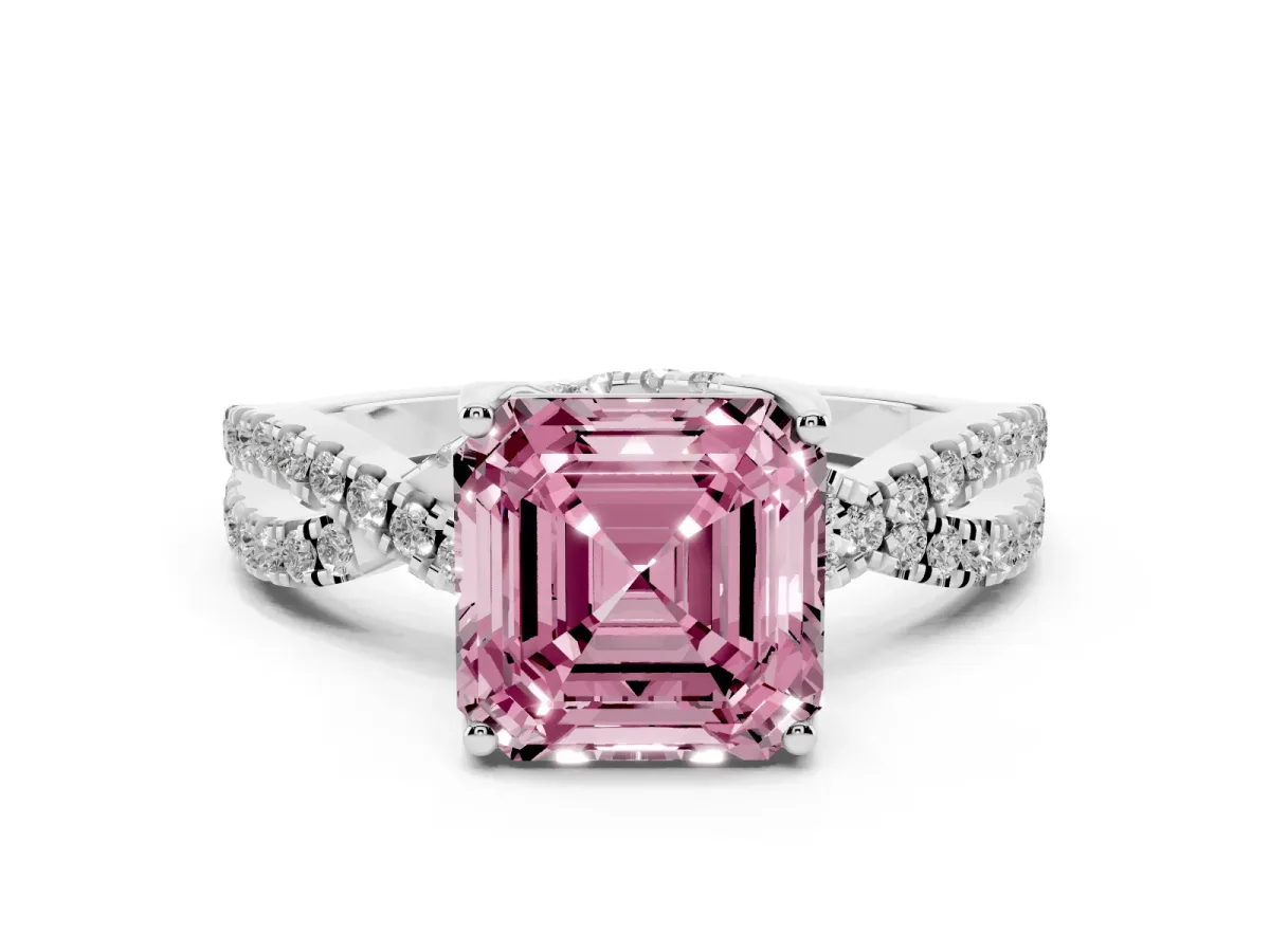 Fancy Pink Asscher Cut Solitaire Twist Pave Diamond Engagement Ring with Prong Setting Silver