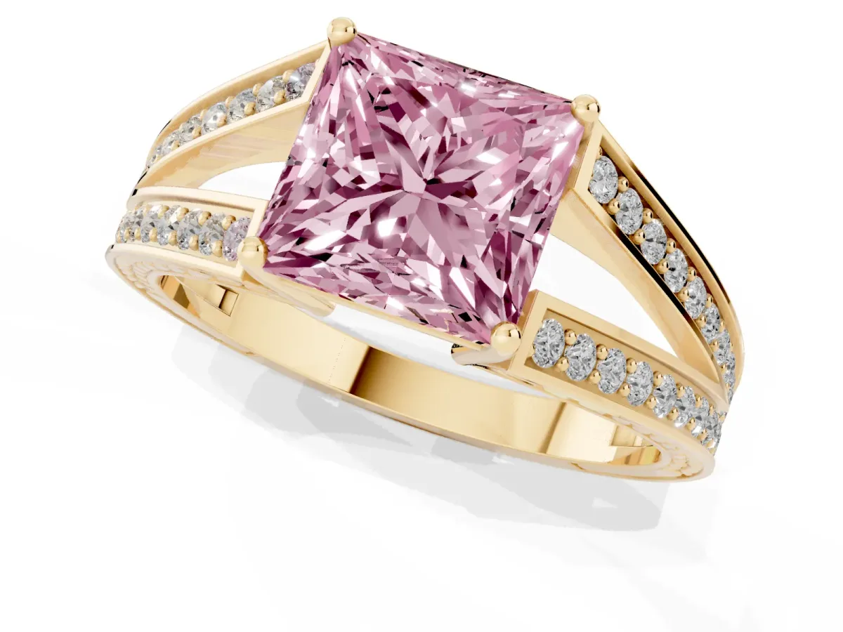 Fancy Pink Princess Cut Diamond Split Shank Ring with Pavé Band and Four-Prong Setting Yellow gold