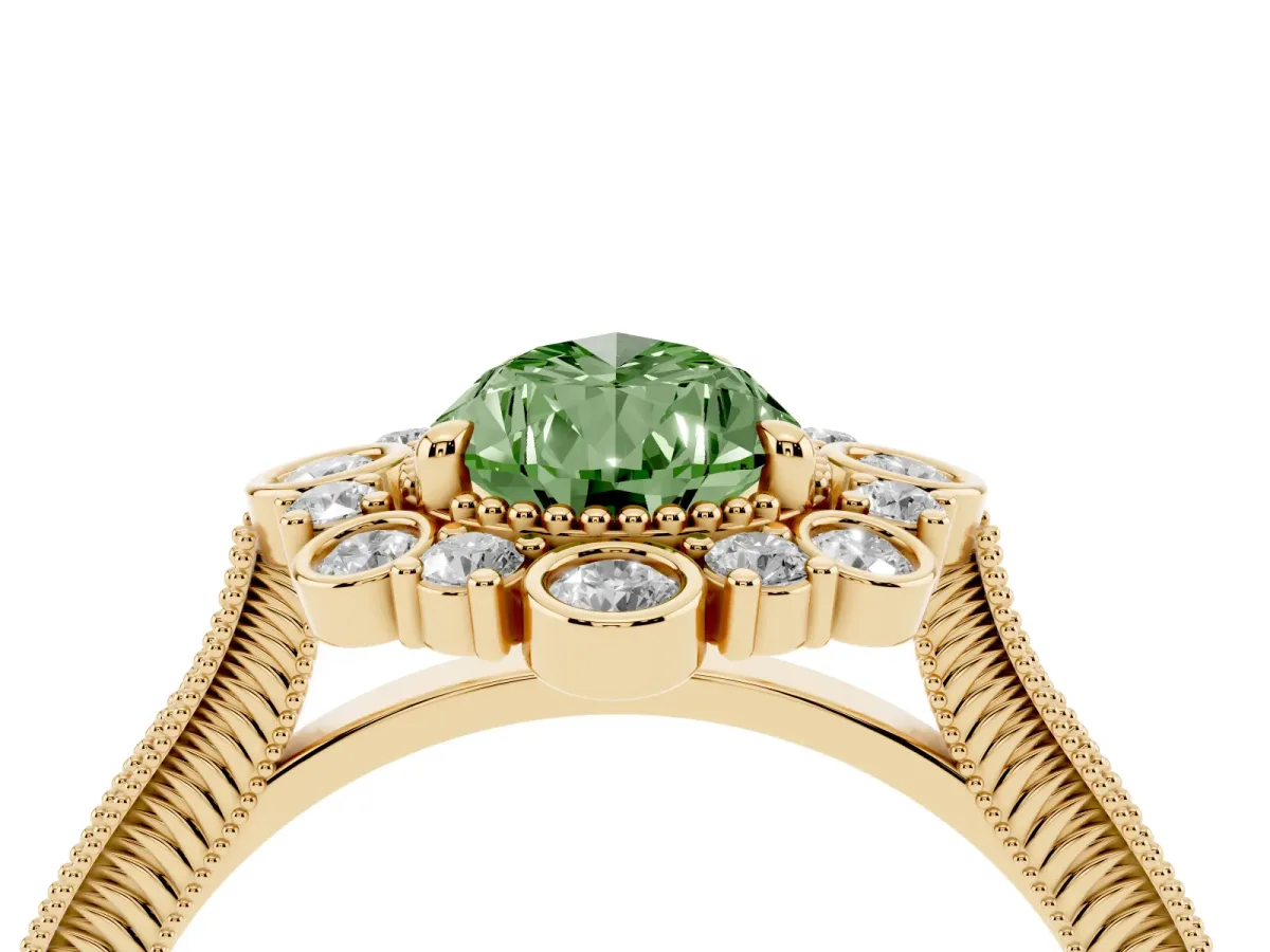 Fancy Green Pear Cut Halo Milgrain Pave Diamond Ring with Four-Prong Setting Yellow gold