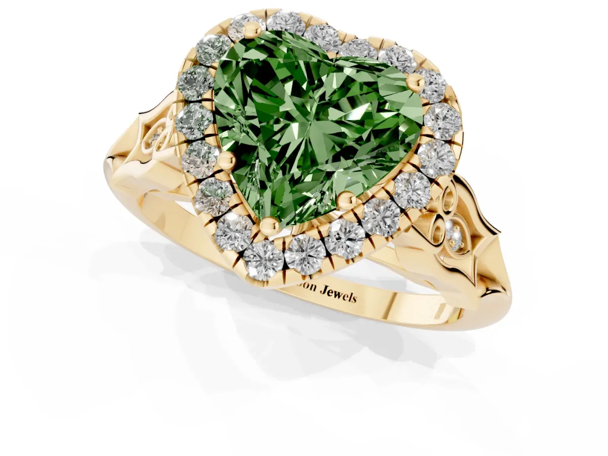 Fancy Green Heart Cut Halo Diamond Engagement Ring with Filigree Band and Four-Prong Setting Yellow gold