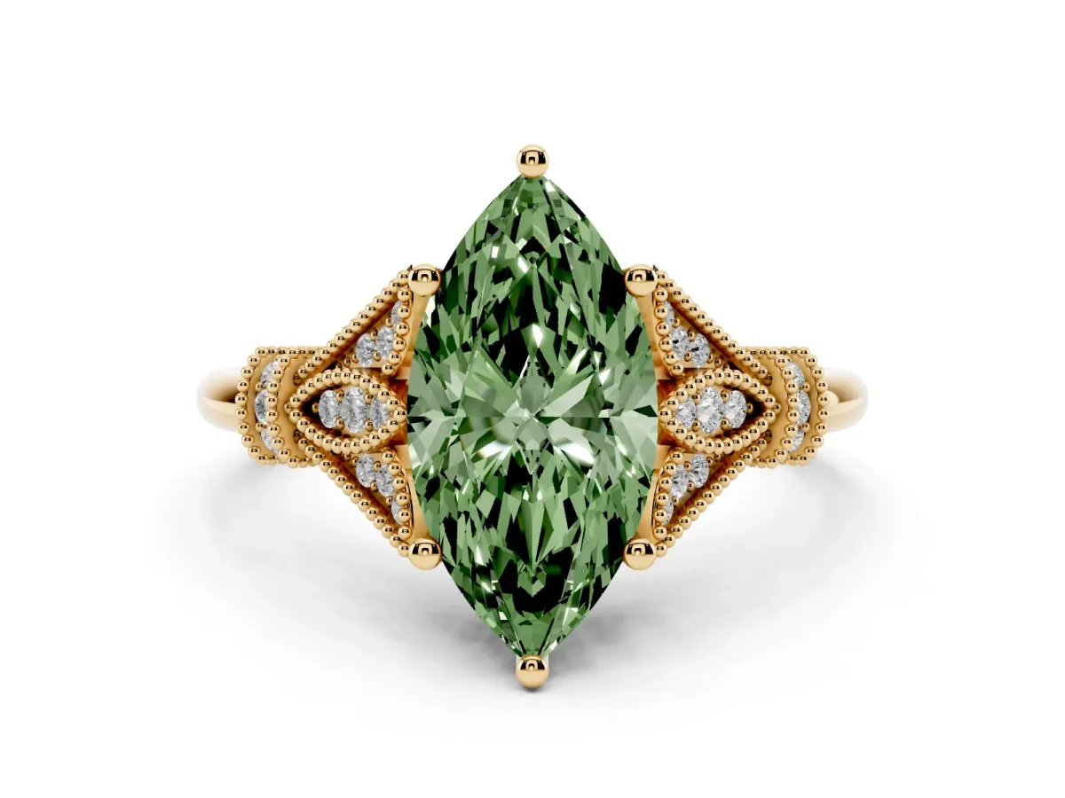 Fancy Green Marquise Cut Diamond Solitaire Ring with Floral Filigree and Pave Accents Yellow gold