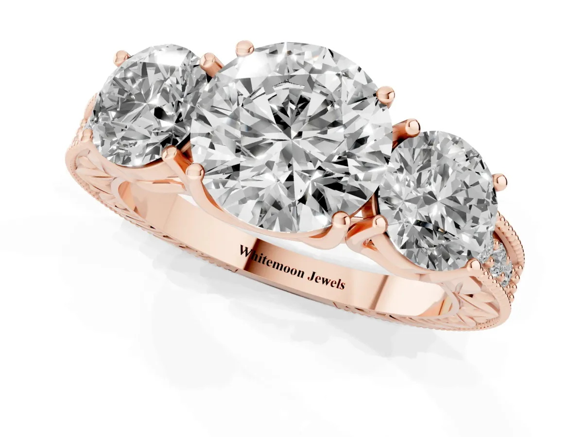Three-Stone Round Cut Cut Milgrain Pavé Engagement Ring Rose gold