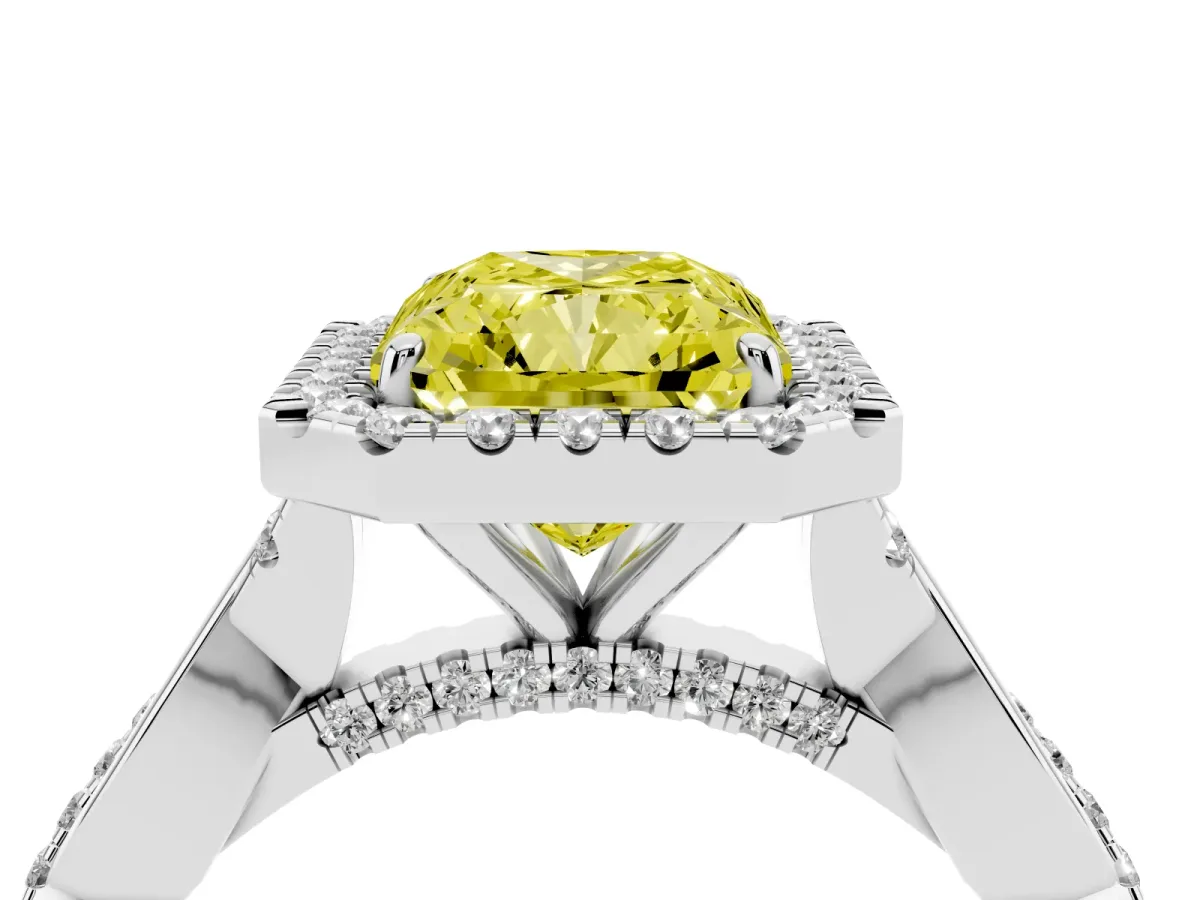 Fancy Yellow Radiant Cut Halo Twist Band Solitaire Ring Silver