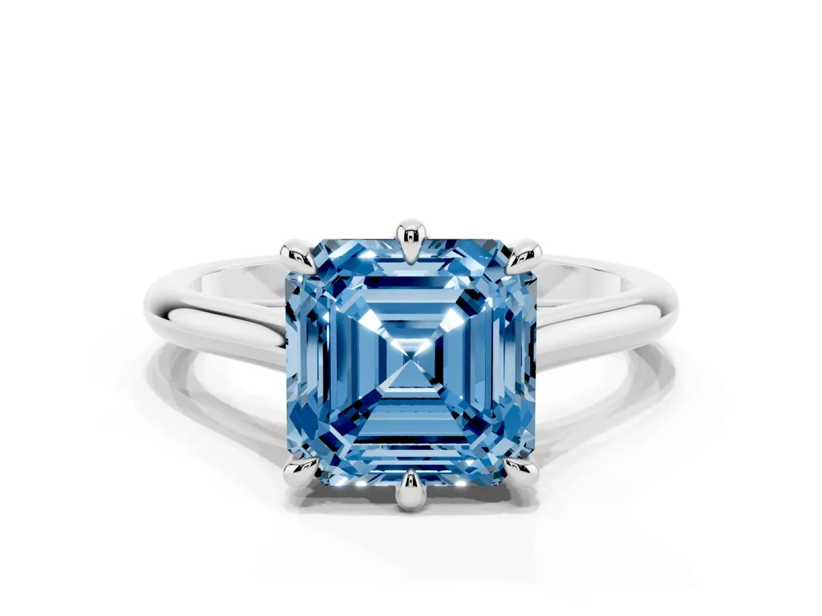 Fancy Blue Asscher Cut Solitaire Engagement Ring with Six-Prong Setting and Classic Band Silver
