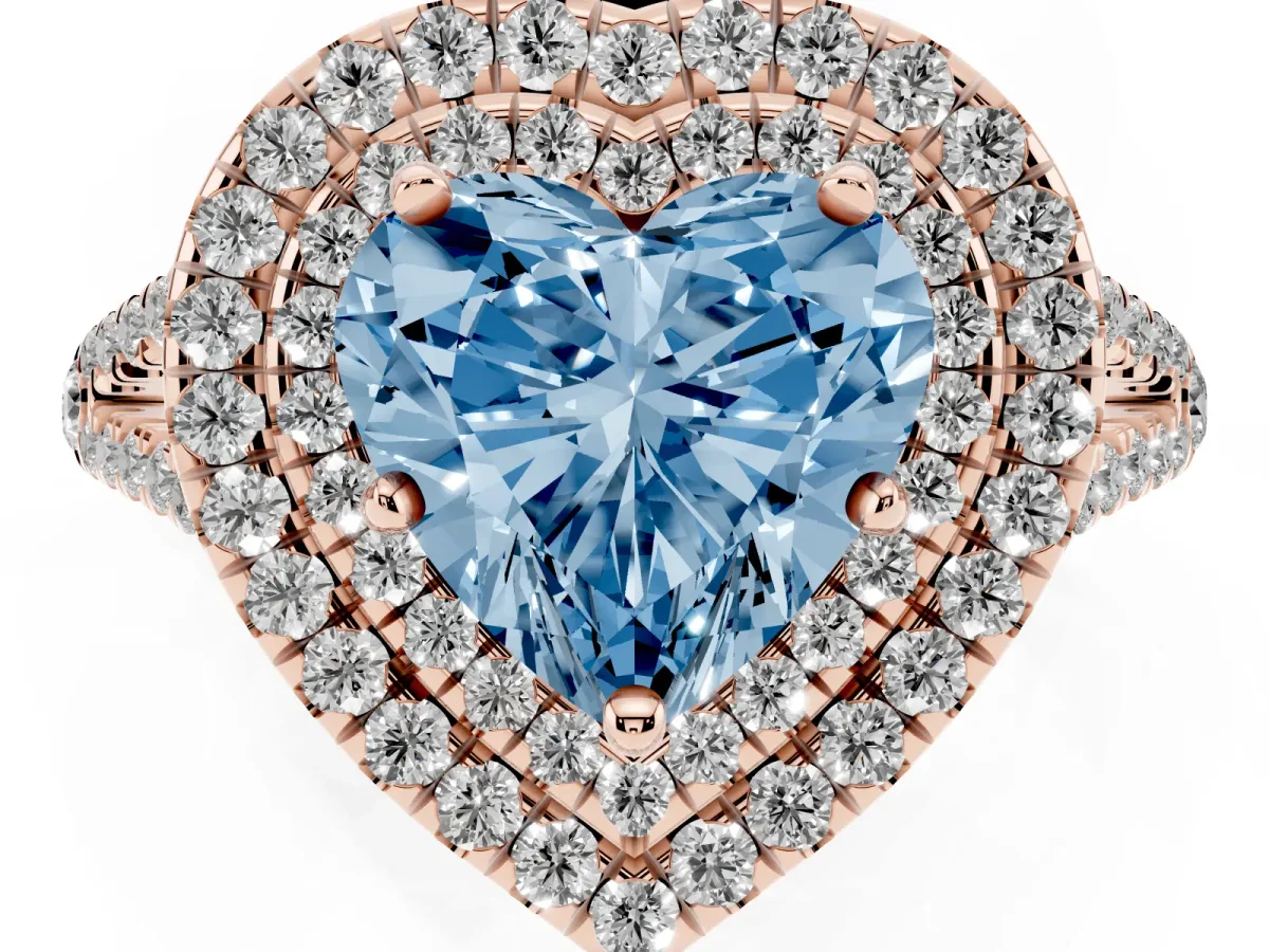 Fancy Blue Heart Cut Diamond Double Halo Ring with Pavé Band and Prong Setting Rose gold