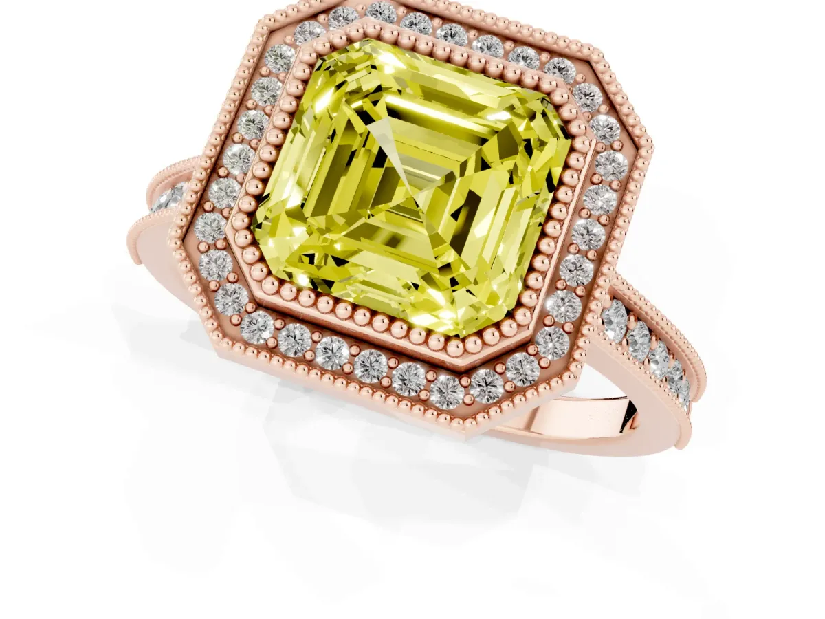 Fancy Yellow Halo Asscher Cut-Cut Diamond Pave Band Milgrain Prong Setting Ring Rose gold