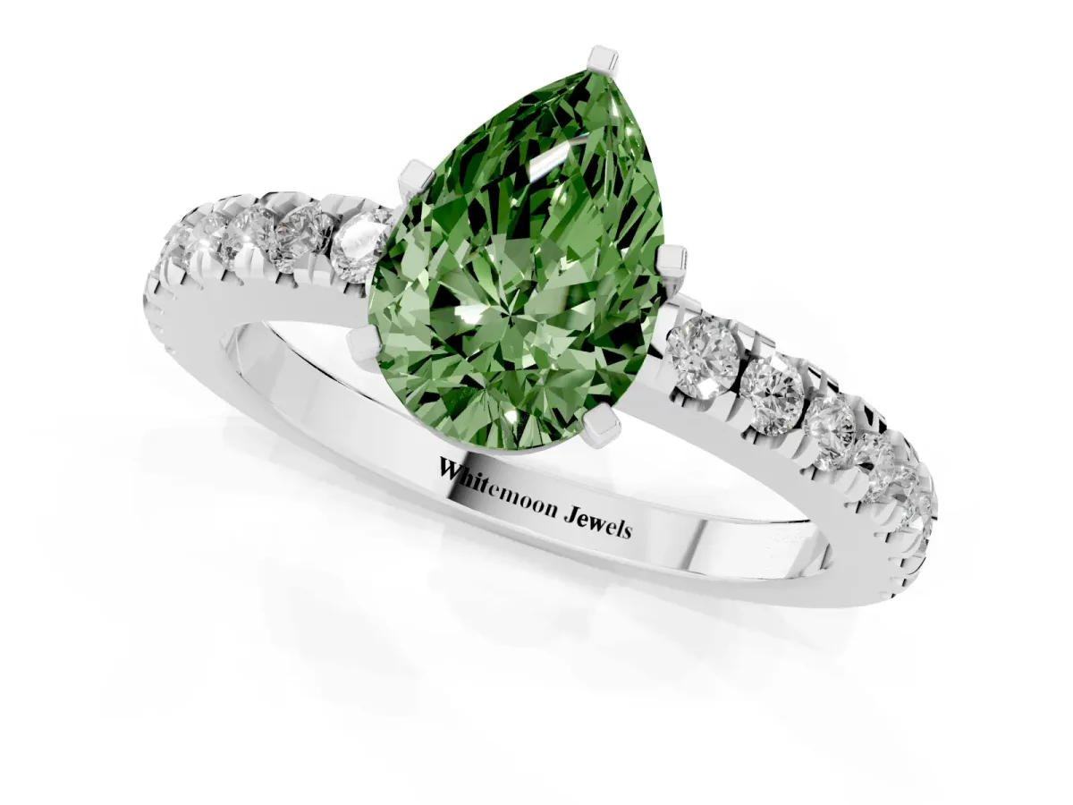 Fancy Green Pear Cut Solitaire Diamond with Pavé Band and Four-Prong Setting White gold