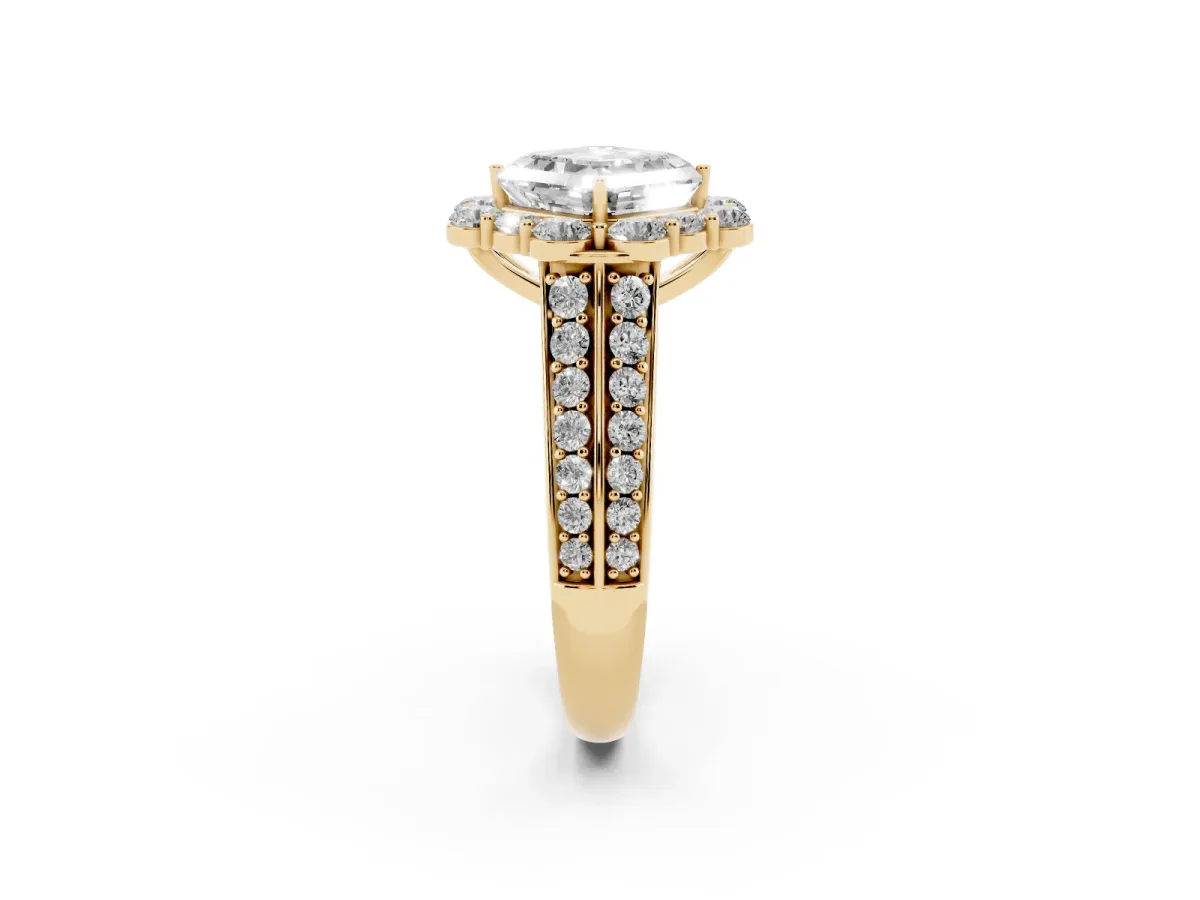 Asscher Cut Halo Diamond Engagement Ring with Split Shank and Prong Setting Yellow gold