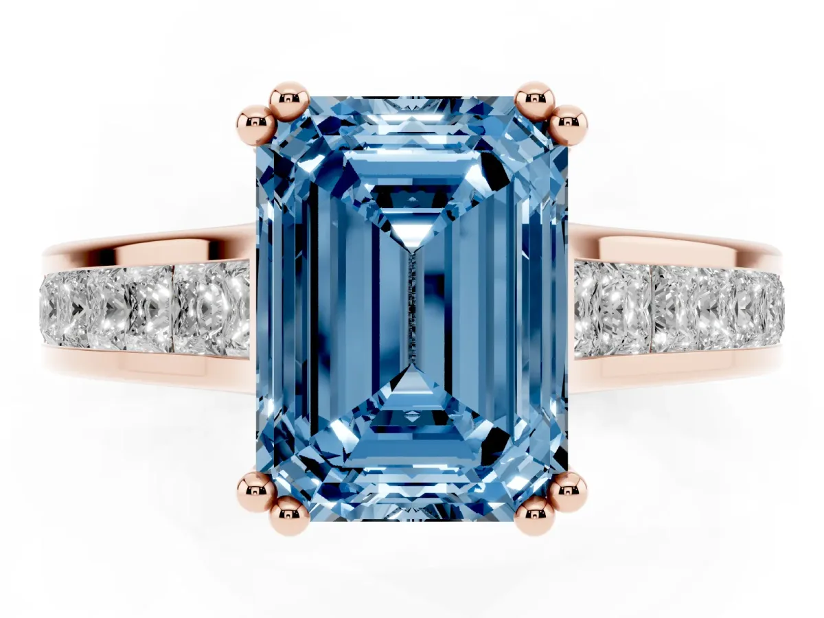 Fancy Blue Emerald Cut Cut Channel Set Solitaire Engagement Ring with Prong Setting Rose gold