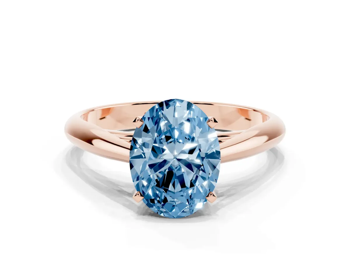 Fancy Blue Oval Cut Diamond Solitaire Engagement Ring with Cathedral Setting and Four-Prong Mount Rose gold