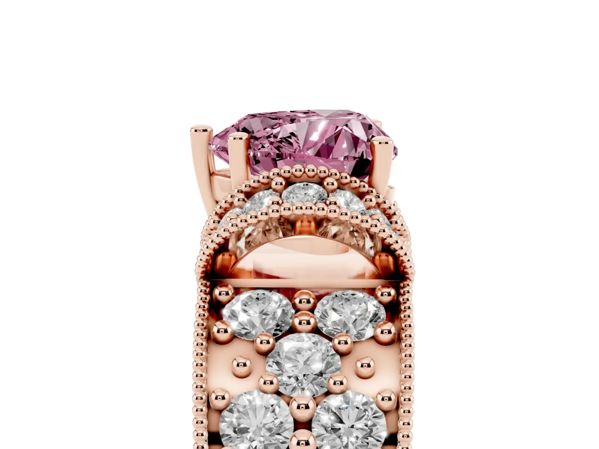 Fancy Pink Heart Cut Halo Pave Diamond Engagement Ring with Milgrain Detailing Rose gold
