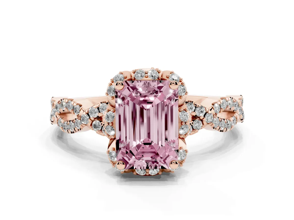 Fancy Pink Emerald Cut Halo Twist Band Solitaire Ring with Six-Prong Setting Rose gold